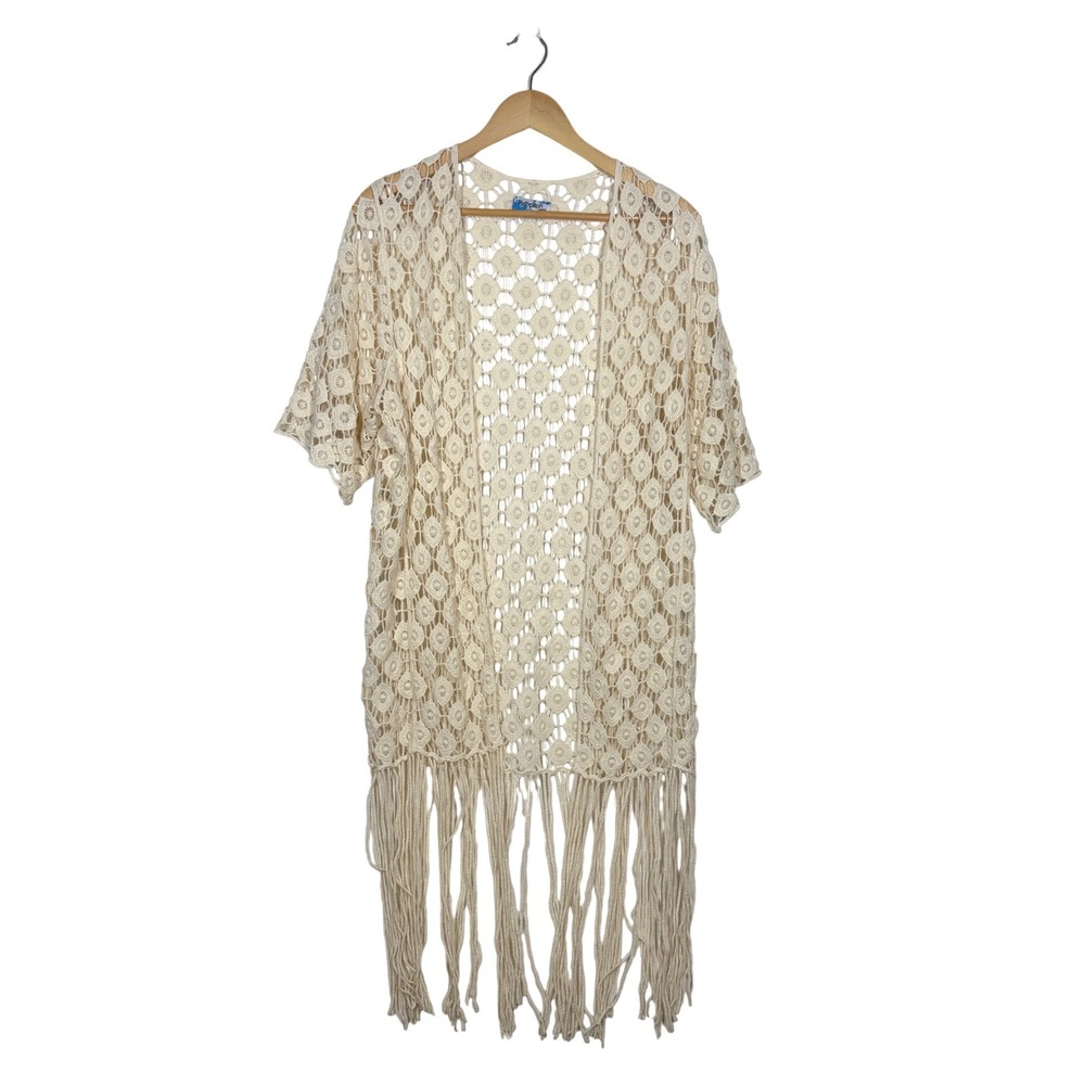 Rebellion Again Crochet Cardigan Size S Cream Fringe Boho Coverup Festival Indie